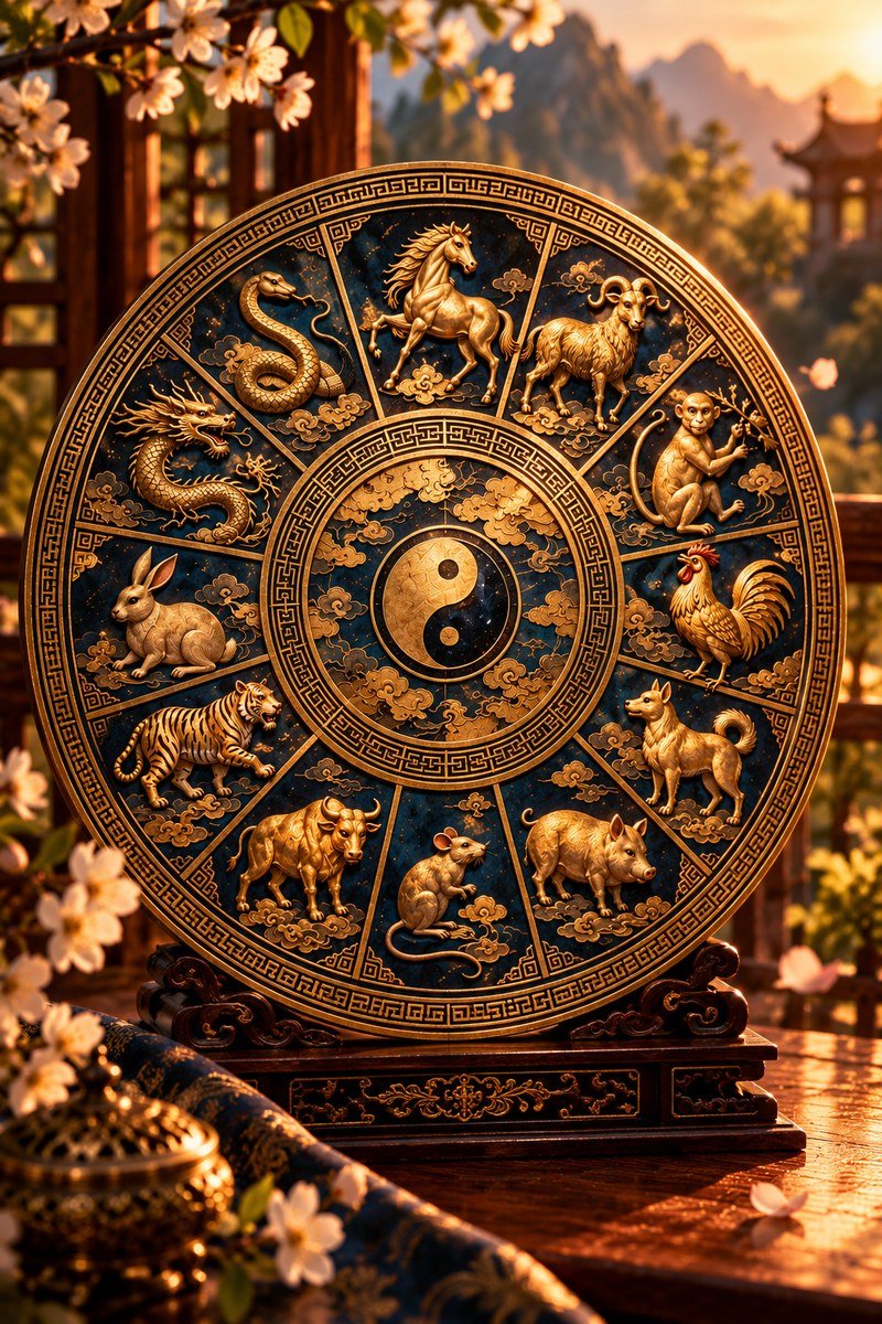 Golden Chinese zodiac wheel with the twelve animals